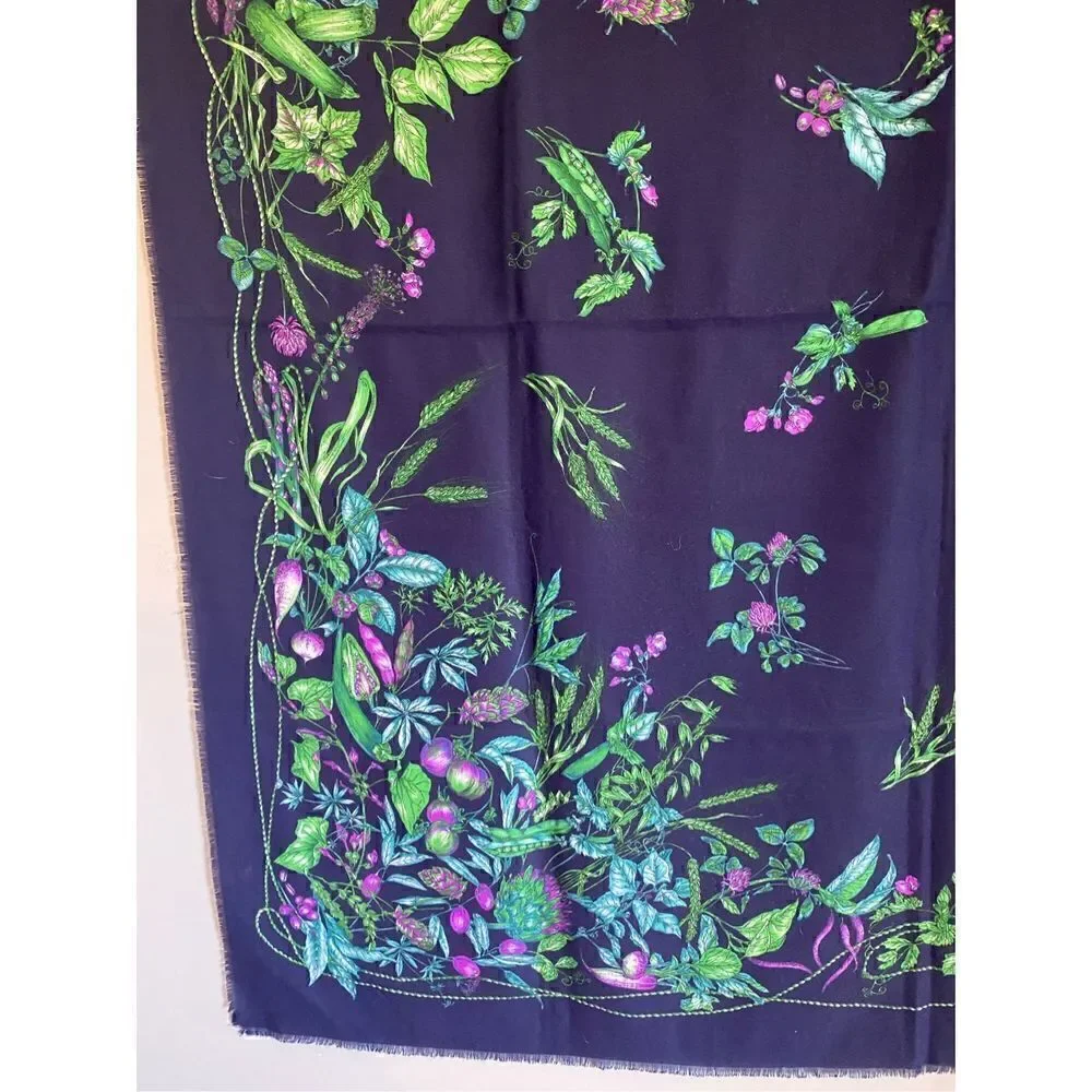 Marco Corsari Dark blue scarf with green and purple vegetables and herbs plants
